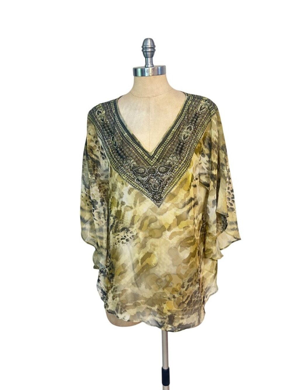 Chicos Paradise Jeweled V-Neck Sheer Poncho S/M 100% Polyester Leopard Print